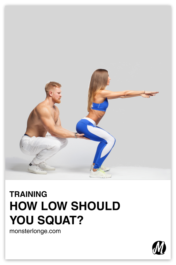 How Low Should You Squat? written in text with image of a man behind a woman cupping her butt in his hands as she squats in front of him with outstretched arms.
