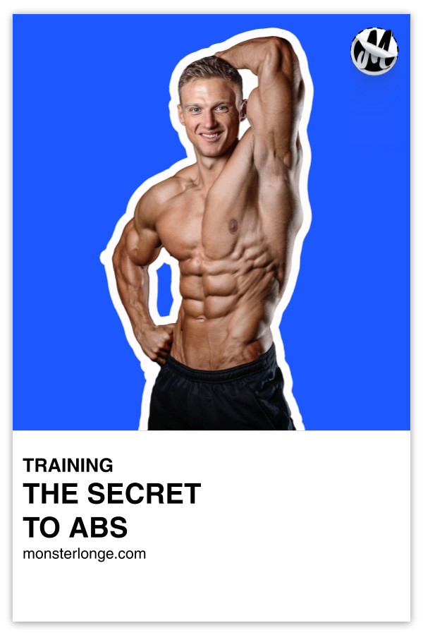 The Secret To Abs written in text with image of a shirtless man posing.