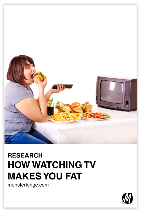 How Watching TV Makes You Fat written in text with image of a woman sitting at a table with plates of food and a TV in front of her while holding a remote control with one hand and putting a burger to her mouth with the other.