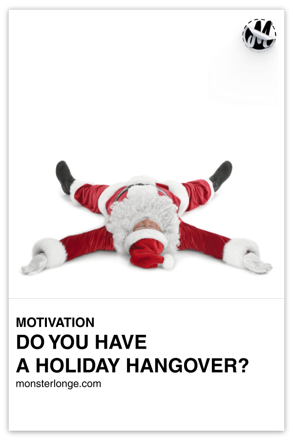 Do You Have A Holiday Hangover? written in text with image of Santa Claus lying face up on the ground in exhaustion.