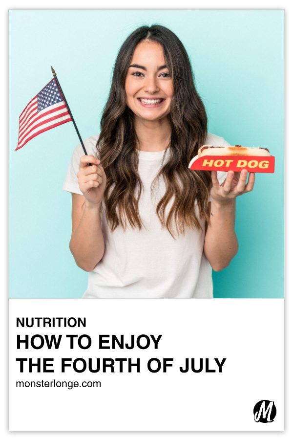 How To Enjoy The Fourth Of July written in text with image of a young white woman holding a flag in one hand and a hot dog in the other.