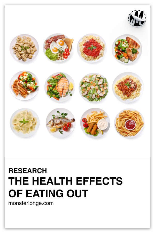 The Health Effects Of Eating Out written in text with flat overlay image of various plates with restaurant food on them.