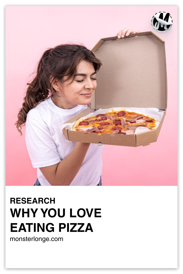 Why You Love Eating Pizza written in text with image of a woman opening a box of pizza and smelling the aroma with joy on her face.