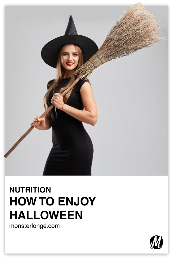 How To Enjoy Halloween written in text with image of a white woman wearing a black dress and witches hat while holding a broom on her shoulder.