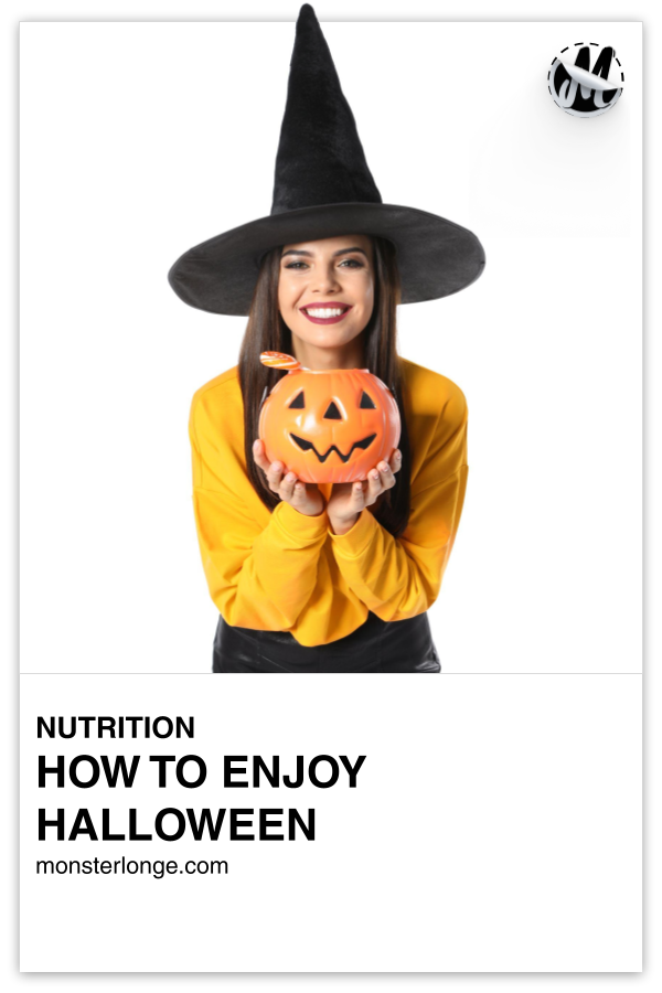 How To Enjoy Halloween written in text with image of a woman wearing a witch hat while holding a jack-o'-lantern candy pail under her chin with both hands as she smiles.