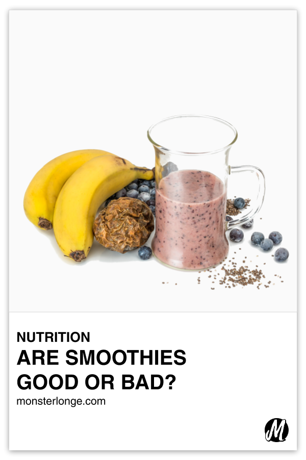 Are Smoothies Good Or Bad? written in text with a banana, blueberries, seeds, and a date next to a smoothie in a glass.