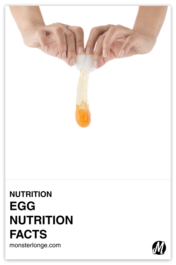 Egg Nutrition Facts written in text with image of hands cracking an egg open and the egg and yolk pouring out.