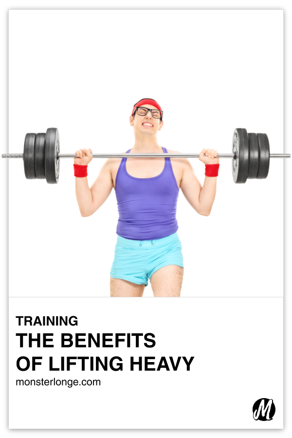 The Benefits Of Lifting Heavy written in text with image of a white weakling male wearing glasses, a headband, and wristbands struggling to overhead press a loaded barbell.