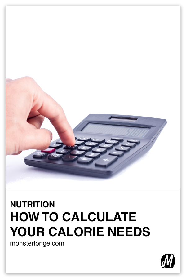 How To Calculate Your Calorie Needs written in text with image of a finger pressing down on a calculator button.