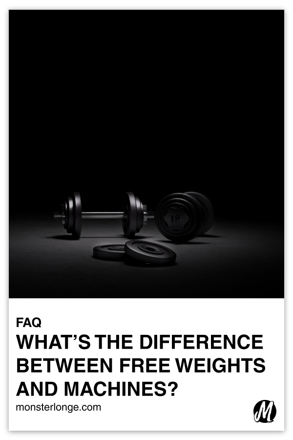 What's The Difference Between Free Weights And Machines? written in text with image of two dumbbells and two small weight plates on the ground.