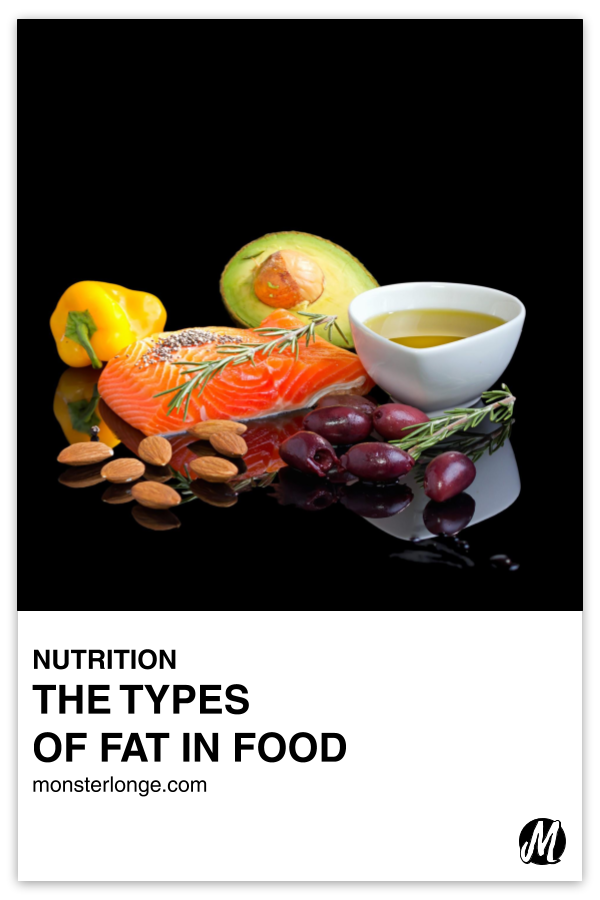 The Types Of Fat In Food written in text with image of salmon, almonds, half of a pitted avocado, and a small bowl of oil on the ground.