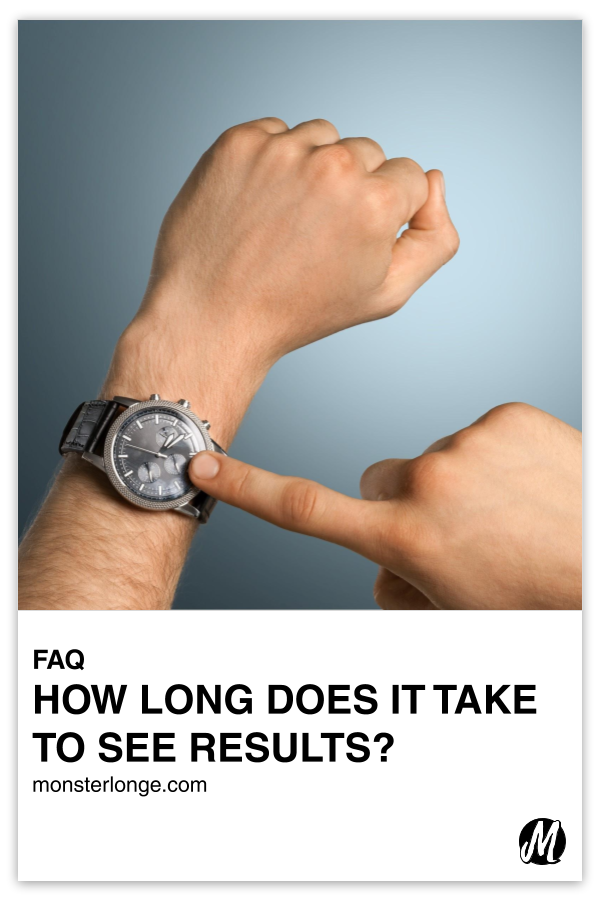 How Long Does It Take To See Results? written in text with image of the pointer finger of a white right hand pointing to a watch on the wrist of the person's left arm.