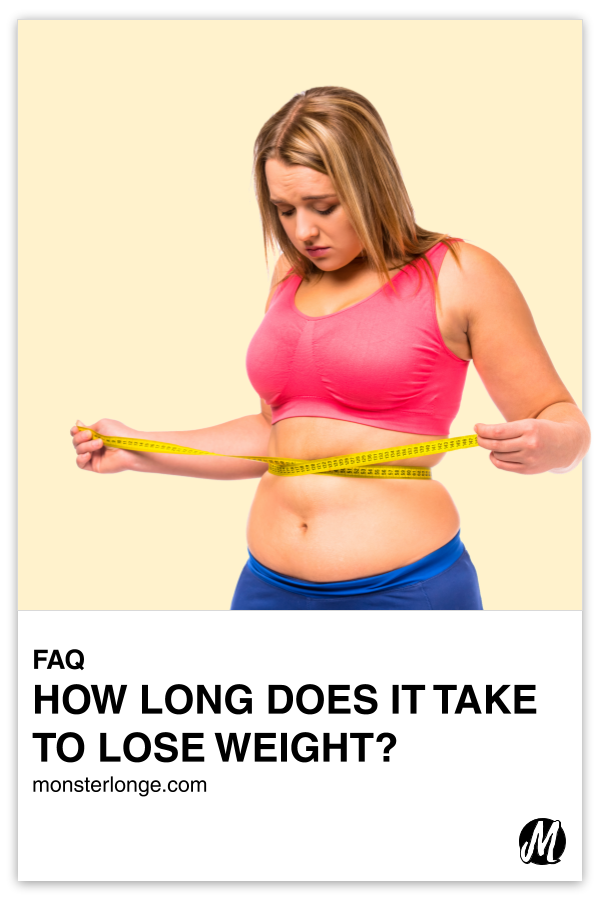 How Long Does It Take To Lose Weight? written in text with image of a white woman wrapping a tape measure around her waist and looking down at her stomach with a dejected look on her face.