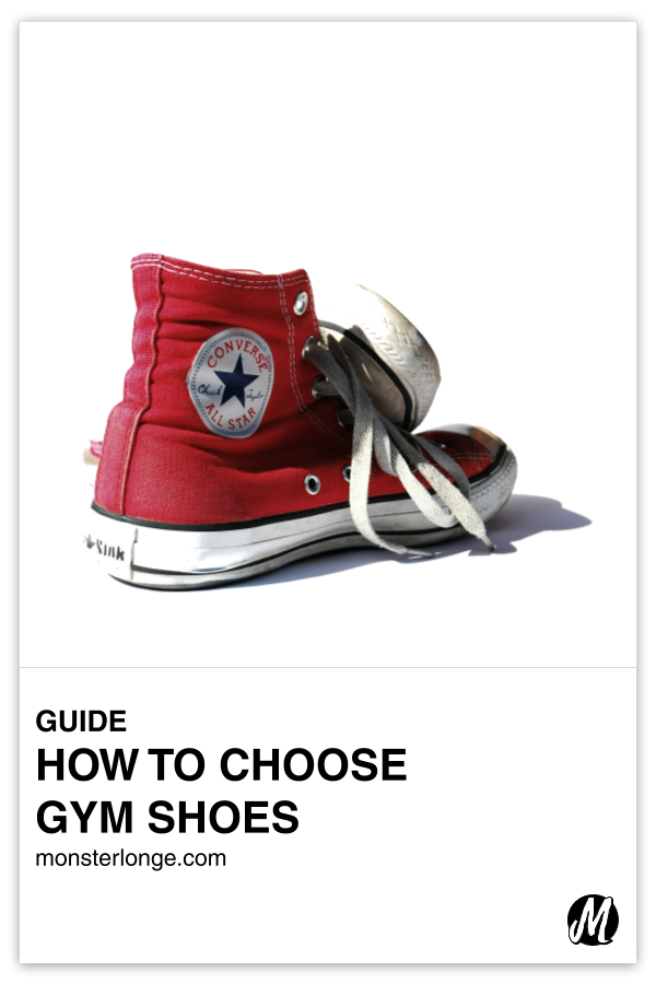 How To Choose Gym Shoes written in text with image of red Converse All Star high tops, one standing upright and the other upside down towards the front but obstructed from view.