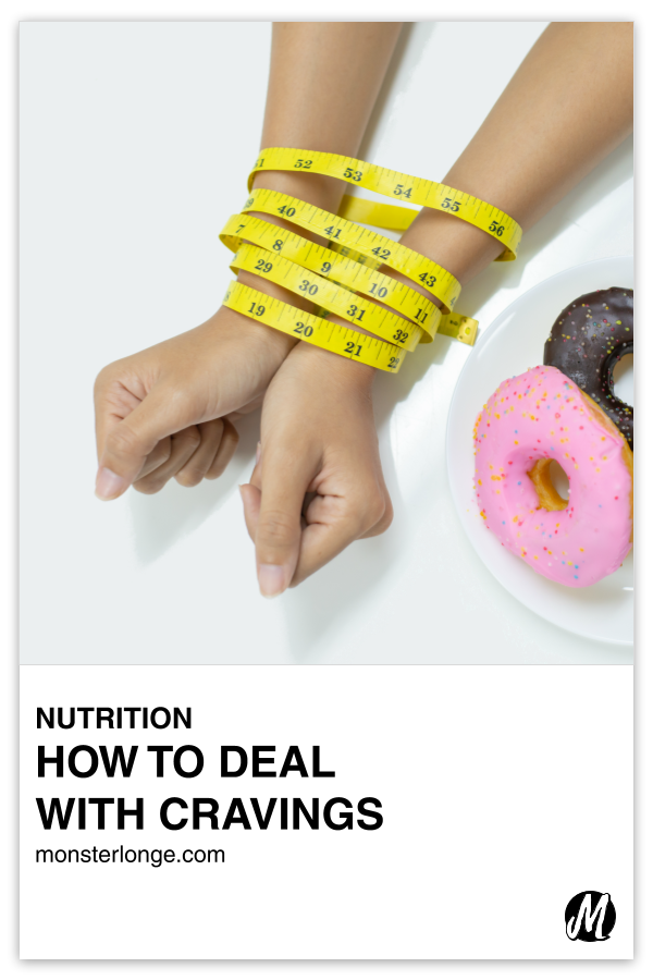 How To Control Cravings written in text with image of a pair of hands bound together by yellow tape measure, with a plate of donuts to the side.