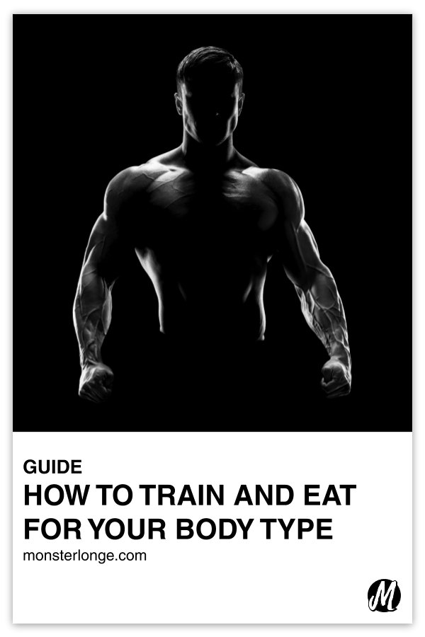 How To Train And Eat For Your Body Type written in text with a grayscale silhouette image of a shirtless muscular man to help convey that the post is going to show you how to find out what body type you are.