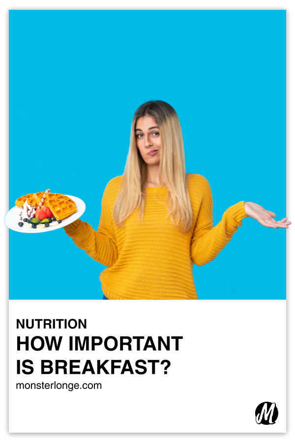 How Important Is Breakfast? written in text with image of a young white female with her elbows to her sides and arms partly extended as she looks down quizzically at a plate of waffles in one of her hands.