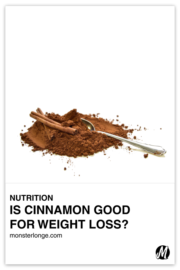 Is Cinnamon Good For Weight Loss? written in text with image of a spoon and cinnamon stick atop a mound of cinnamon.