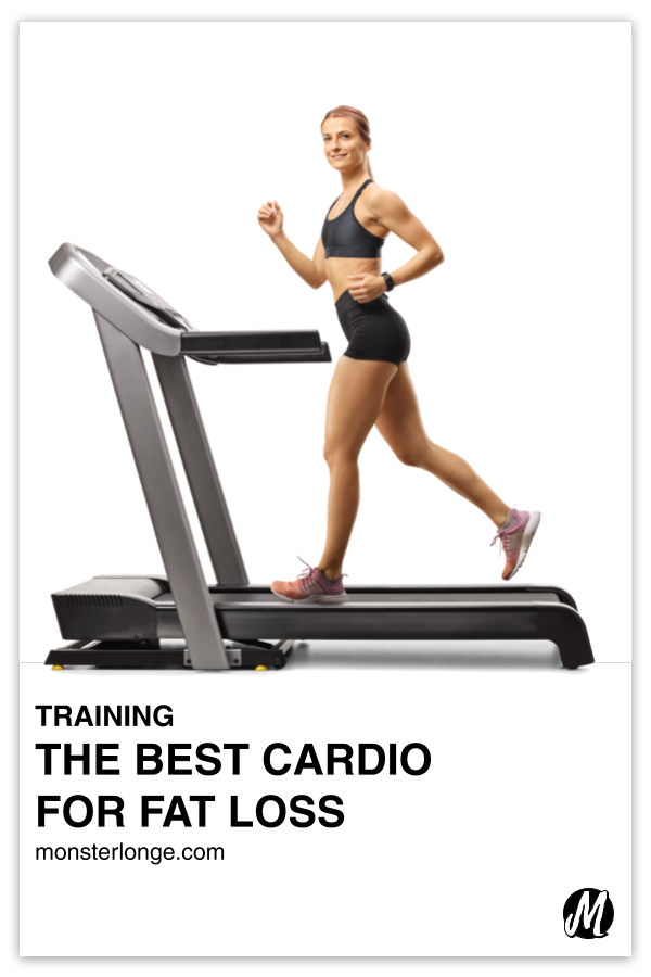 The Best Cardio For Fat Loss written in text with image of a young white female in motion on a treadmill.