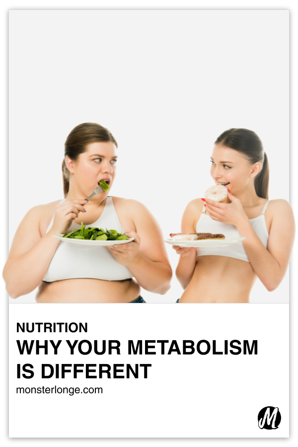 Why Your Metabolism Is Different written in text with image of a portly white woman in her underwear eating a salad and looking with disgust at her friend, a thin white woman also in her underwear but who's eating donuts while smiling back at her friend.