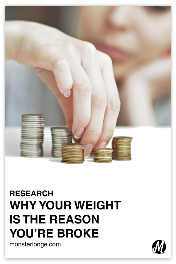 Why Your Weight Is The Reason You're Broke written in text with image of a woman stacking coins.