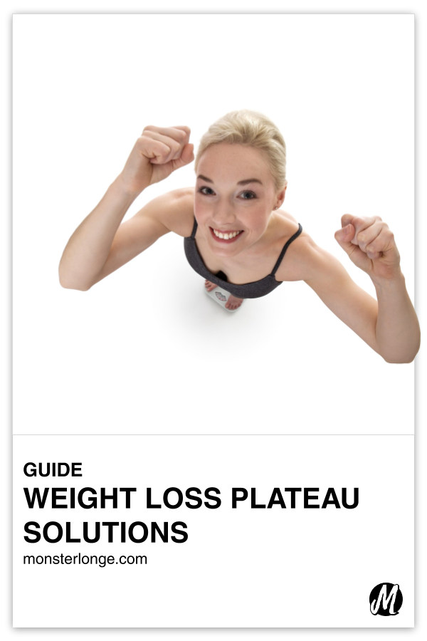 Weight Loss Plateau Solutions written in text with image of a blonde white woman on a bathroom scale with her arms in the air in jubilation.