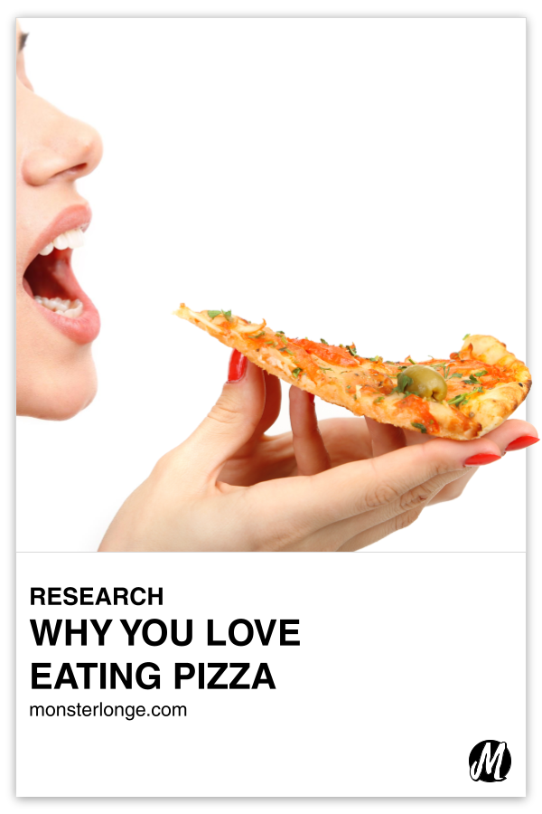 Why You Love Eating Pizza written in text with image of a woman's face from the side holding a slice of pizza to her mouth.