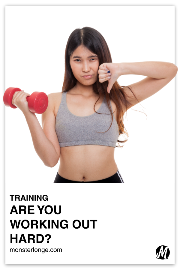 Are You Working Out Hard? written in text with image of a young Asian woman curling a dumbbell in one arm and giving the thumbs down sign with the other.