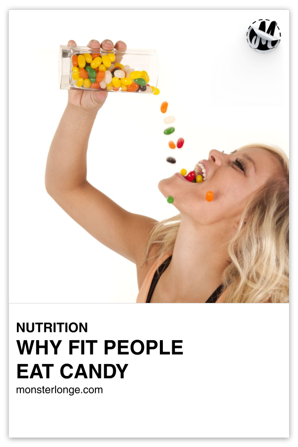 Why Fit People Eat Candy written in text with image of a woman pouring jelly beans down her mouth.