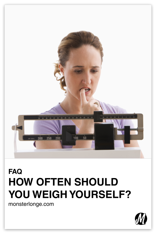 How Often Should You Weigh Yourself When Trying To Lose Weight? written in text with image of a white woman on a physician weight scale and biting down on her finger as she looks at the reading.