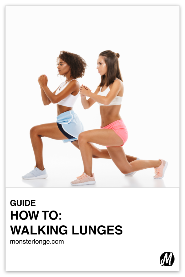 How To: Walking Lunges written in text with image of a two women performing lunges.