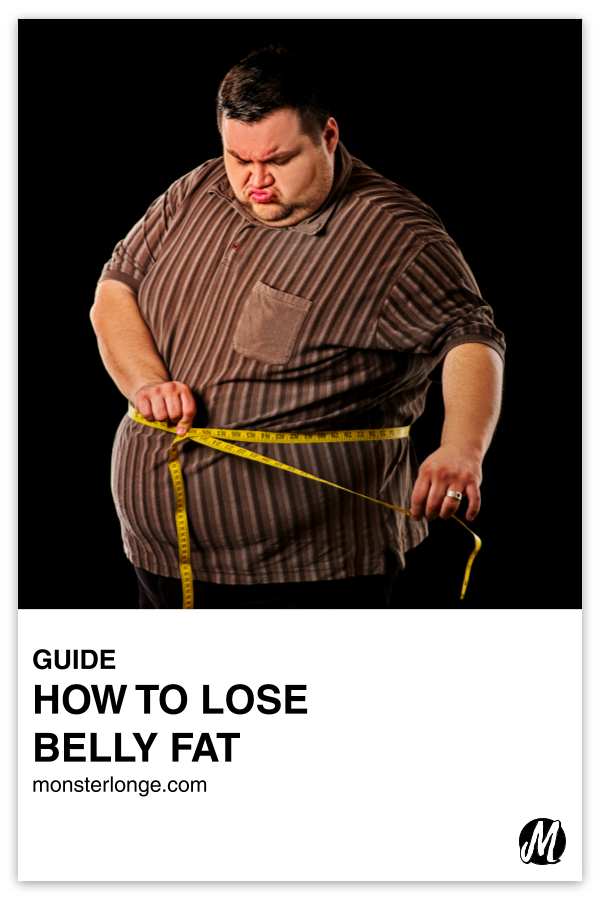 How To Lose Belly Fat written in text with image of a portly man with yellow measuring tape around his waist as he looks down at it disapprovingly.
