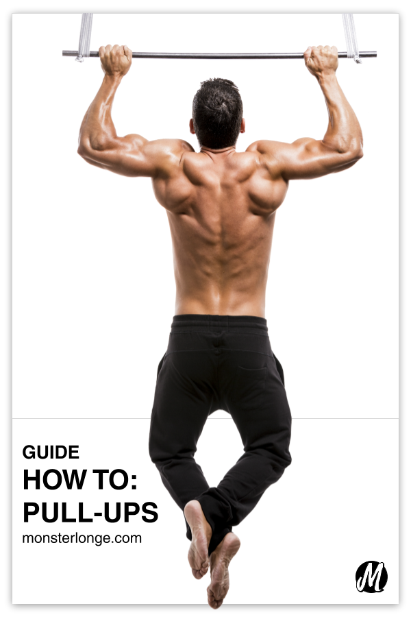 How To: Pull-Ups written in text with image of a shirtless man performing pull-ups with his back to the camera.