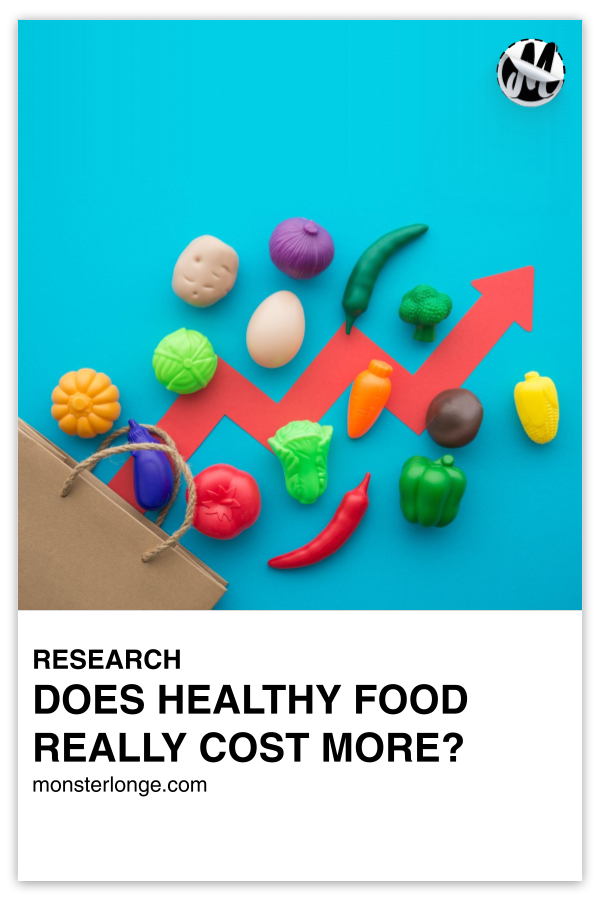 Does Healthy Food Really Cost More? written in text with image of assorted vegetables spilling out of a grocery bag, with a red arrow shooting from it.