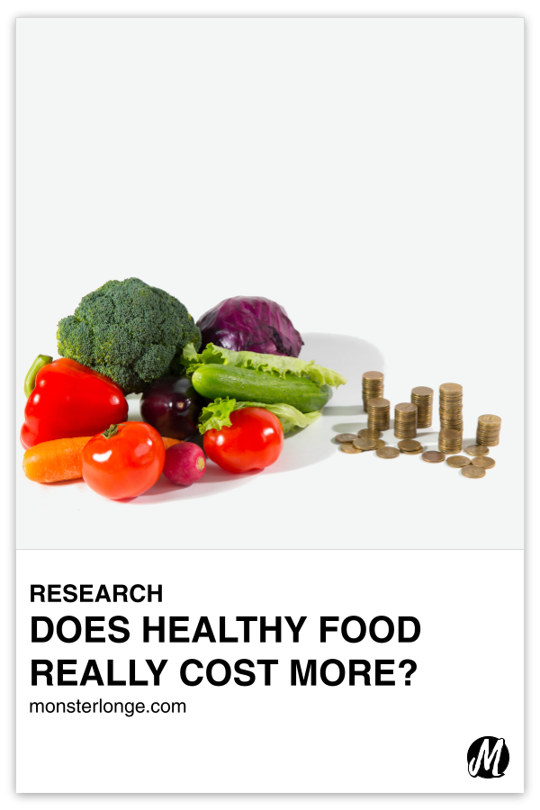 Does Healthy Food Really Cost More? written in text with image of assorted vegetables on the left and numerous stacks of coins on the right.