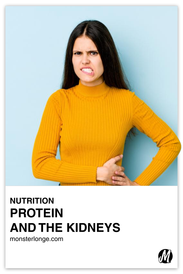 Protein And The Kidneys written in text with image of a brunette woman with a grimace on her face and her hand on her placed on the side of her stomach as if she were in pain there.