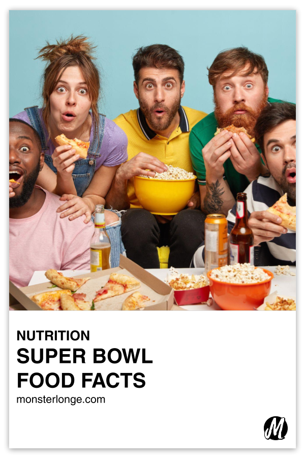 Super Bowl Food Facts written in text with image of a group of friends eating junk food while watching TV.