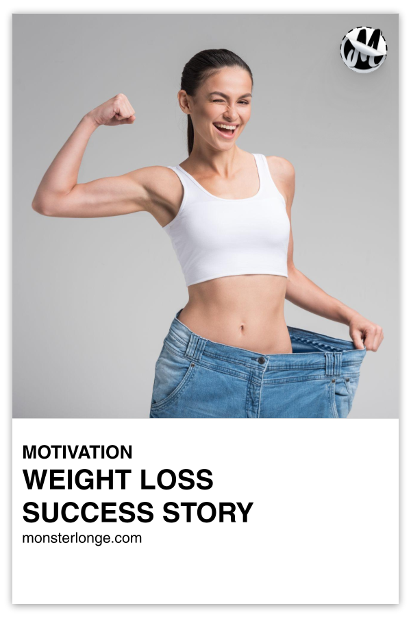 Weight Loss Success Story written in text with image of a woman in an oversized pair of jeans pulled to the side of her waist to display how much weight she's lost as she flexes her arm.