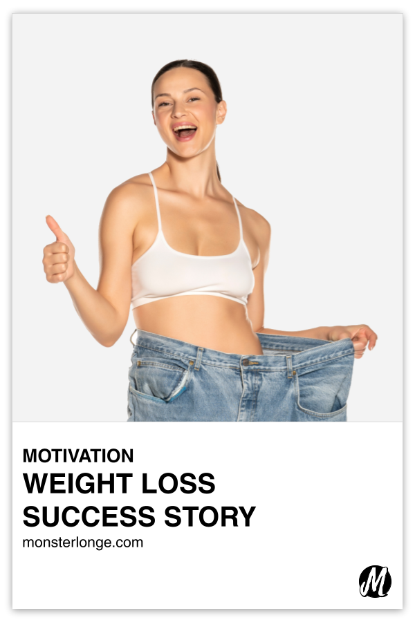 Weight Loss Success Story written in text with image of a slim, smiling white woman in an oversized pair of jeans pulled to the side of her waist to display how much weight she's lost as she gives the thumbs up sign with her other hand.