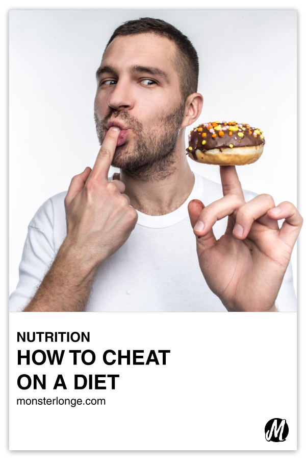How To Cheat On A Diet written in text with image of a man licking the index finger of his hand as he stares longingly at a donut in the index finger of his other hand.