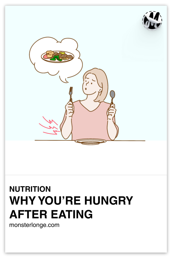 Why You're Hungry After Eating written in text with cartoon image of a woman sitting in front of an empty plate while holding a fork and knife and thinking of a full plate of food.