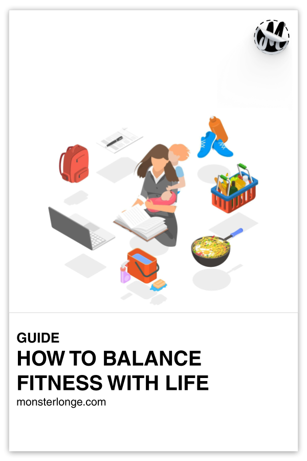 How To Balance Fitness With Life written in text with image of a set of woman holding a baby and reading a book while surrounded by a mop bucket, bookbag, laptop, sneakers, and shopping basket.