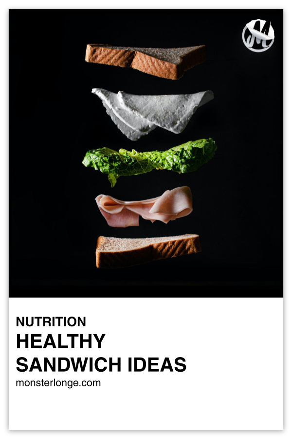 Healthy Sandwich Ideas written in text with image of the components of a sandwich suspended in air.