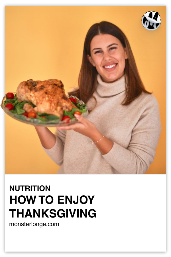 How To Enjoy Thanksgiving written in text with image of a woman holding a turkey on a serving platter and smiling.