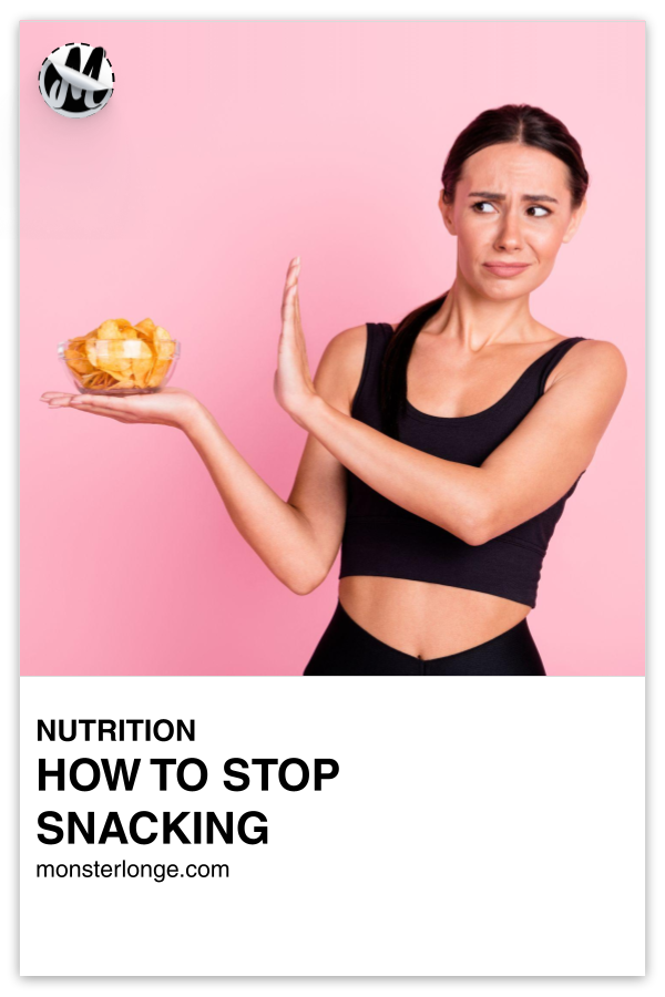 How To Stop Snacking written in text with image of a woman holding a bowl of potato chips in her handing and making a stop gesture with the other hand.