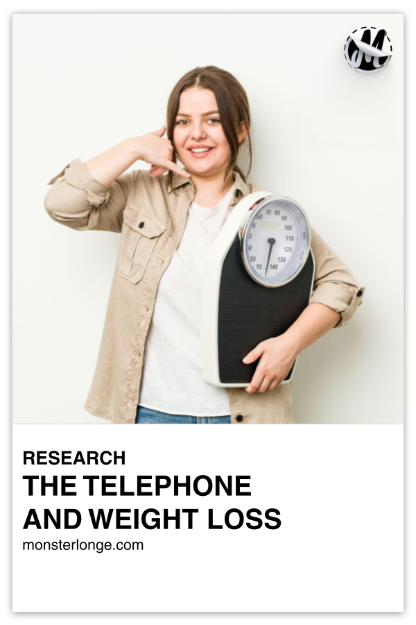 The Telephone And Weight Loss written in text with image of a woman holding a scale in her arm and using her other arm to make a hand gesture like she were speaking on a phone.