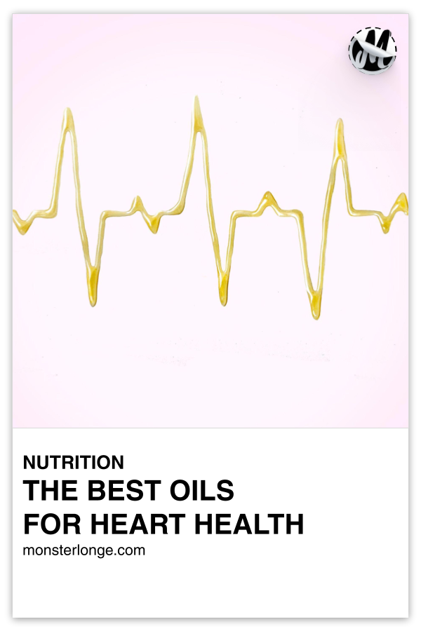 The Best Oils For Heart Health written in text with image of cooking oil in the shape of an EKG reading.