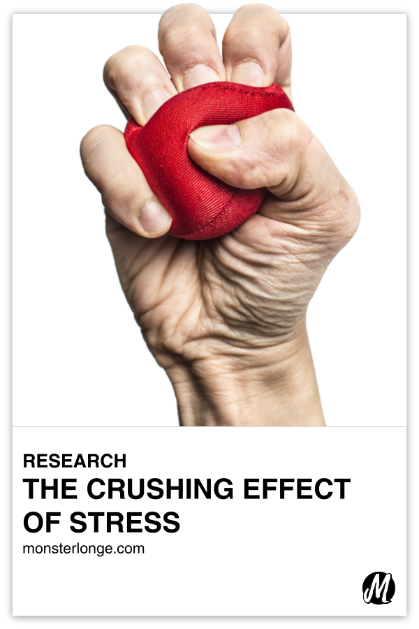 The Crushing Effect Of Stress written in text with image of a hand squeezing a red stress relief ball.
