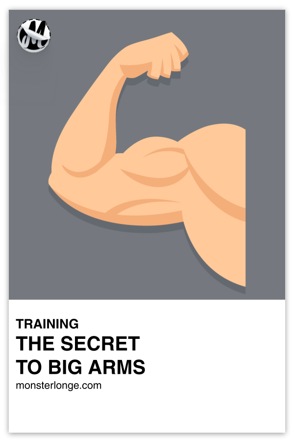 The Secret To Bigger Biceps written in text with image of a flexed cartoon arm.