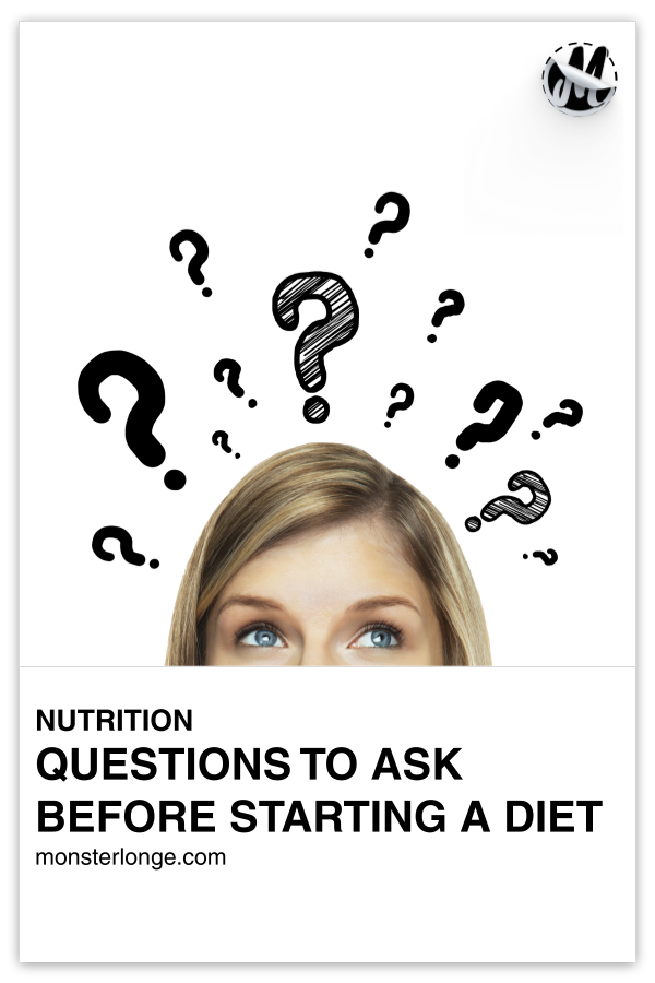 Questions To Ask Before Starting A Diet written in text with image of half of a woman's face and several question marks above her head.